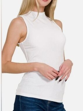 Zenana Women's White Ribbed Sleeveless Mock Neck Soft Rayon Tank Top-Various